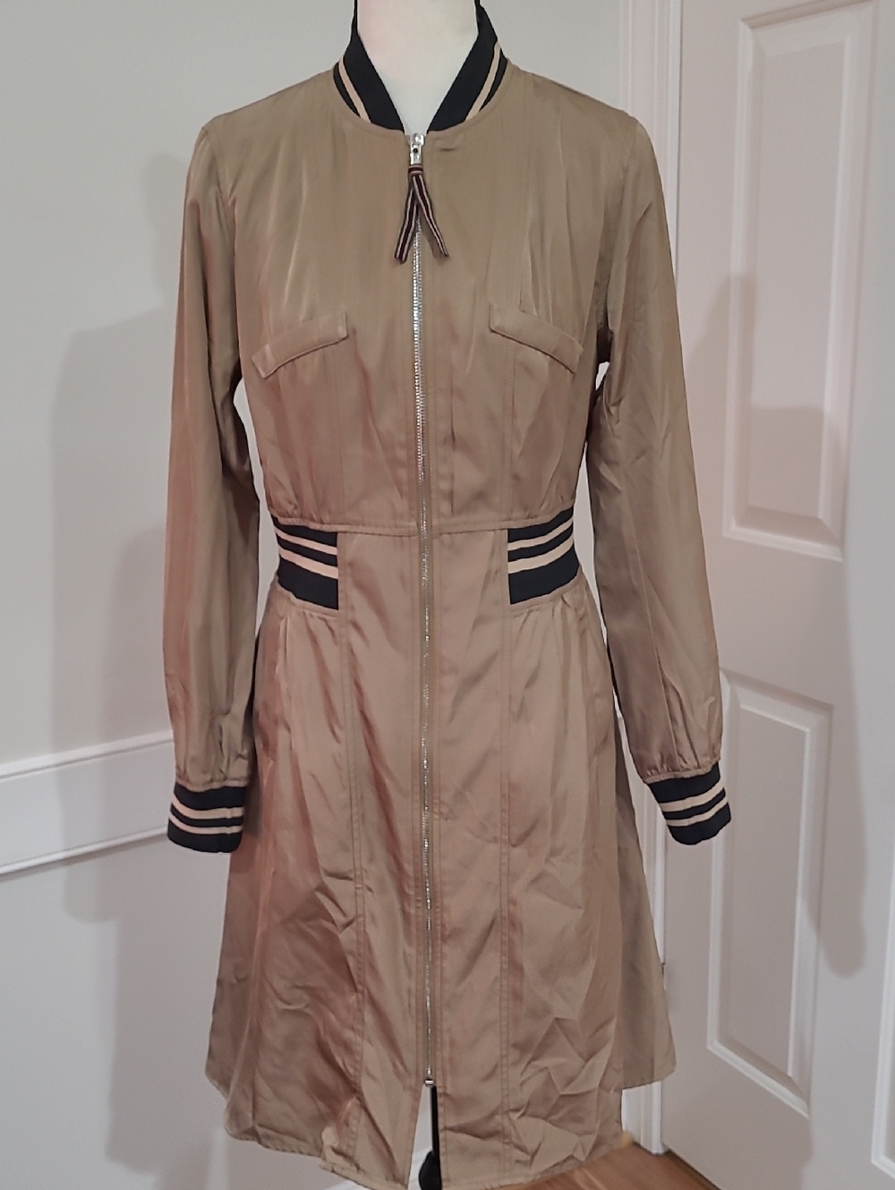 Kori Tan Long Sleeve Zip-Front Dress with Black Stripe Accents